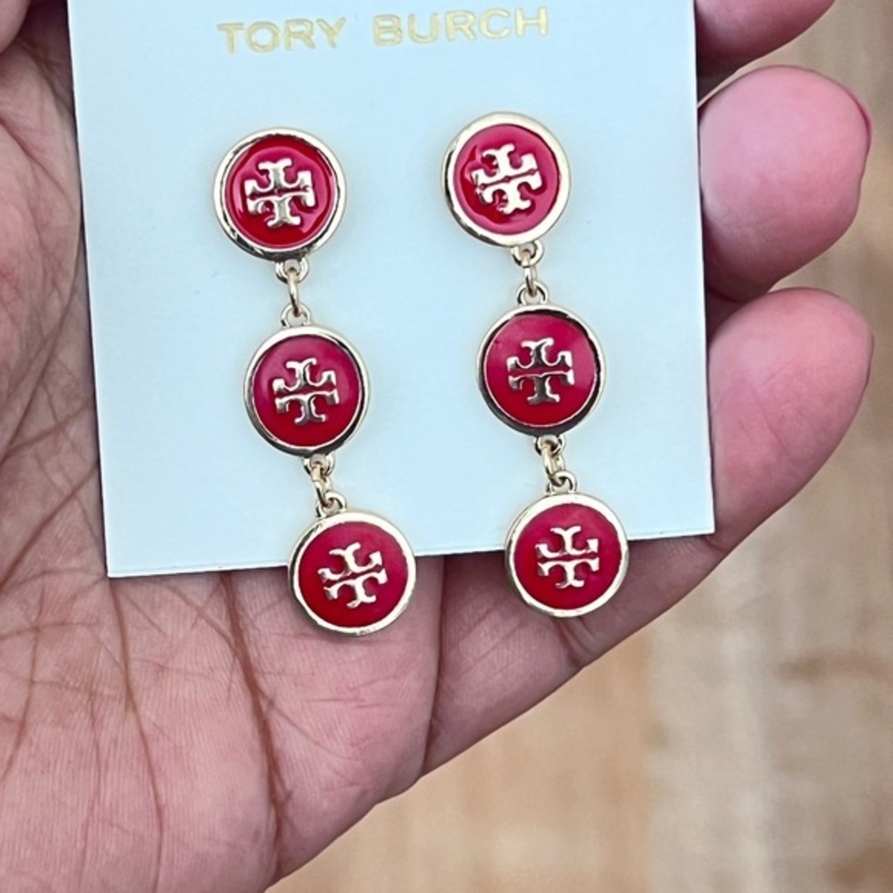Tory Burch Gold-Tone Red Enamel Triple Drop Logo Earrings